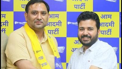 Pawan Sehrawat at his AAP rejoining with Durgesh Pathak in New Delhi on Sunday. (HT PHOTO) Pawan Sehrawat at his AAP rejoining with Durgesh Pathak in New Delhi on Sunday. (HT PHOTO)