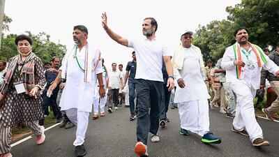 Rahul Gandhi during Bharat Jodo Yatra with DK Shivakumar and Siddaramaiah, in Chitradurga. (Congress Twitter) Rahul Gandhi during Bharat Jodo Yatra with DK Shivakumar and Siddaramaiah, in Chitradurga. (Congress Twitter)