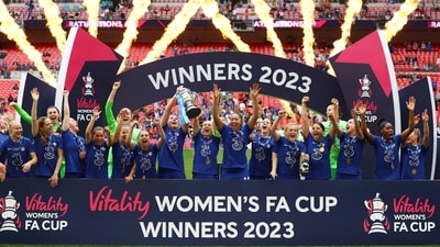Chelsea players celebrate with the trophy after winning the Women's FA Cup (Action Images via Reuters)