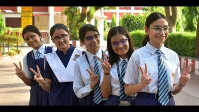 Sangam city students celebrating their CISCE results on Sunday. (HT PHOTO) Sangam city students celebrating their CISCE results on Sunday. (HT PHOTO)