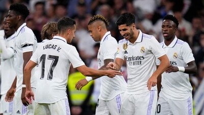 Real Madrid's Marco Asensio, second from right, celebrates scoring his side's opening goal (AP) Real Madrid's Marco Asensio, second from right, celebrates scoring his side's opening goal (AP)