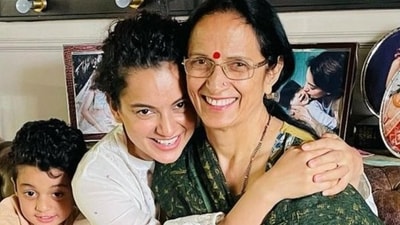 Kangana Ranaut with her mom and nephew. Kangana Ranaut with her mom and nephew.