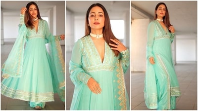Hina Khan reigns supreme in the realm of traditional fashion, as her Instagram feed showcases a plethora of stunning ethnic ensembles. From graceful anarkali kurtas to dazzling sharara sets, the actress effortlessly exudes elegance in every outfit. Her flawless fashion sense is a source of inspiration for fashion enthusiasts everywhere, and her recent appearance in a striking cyan blue kurta set is yet another testament to her impeccable style. (Instagram/@realhinakhan) Hina Khan reigns supreme in the realm of traditional fashion, as her Instagram feed showcases a plethora of stunning ethnic ensembles. From graceful anarkali kurtas to dazzling sharara sets, the actress effortlessly exudes elegance in every outfit. Her flawless fashion sense is a source of inspiration for fashion enthusiasts everywhere, and her recent appearance in a striking cyan blue kurta set is yet another testament to her impeccable style. (Instagram/@realhinakhan)