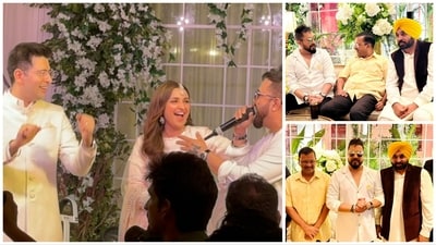 Mika singing on stage and posing with Arvind Kejriwal and Bhagwant Mann at Parineeti Chopra and Raghav Chadha's engagement. Mika singing on stage and posing with Arvind Kejriwal and Bhagwant Mann at Parineeti Chopra and Raghav Chadha's engagement.