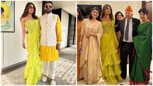 Draped in a gorgeous lime green saree, Priyanka Chopra poses with her family. (Instagram/@priyankachopra) Draped in a gorgeous lime green saree, Priyanka Chopra poses with her family. (Instagram/@priyankachopra)