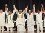 Congress President Mallikarjun Kharge with senior party leaders Siddaramaiah, DK Shivakumar, during the celebrations after the party's win in Karnataka Assembly elections. Congress President Mallikarjun Kharge with senior party leaders Siddaramaiah, DK Shivakumar, during the celebrations after the party's win in Karnataka Assembly elections.