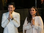Raghav Chadha and Parineeti Chopra after their engagement ceremony, in New Delhi, Saturday.