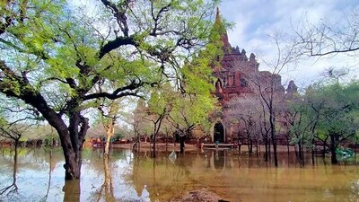 A view of a flooded area near an old temple in Bagan, central Myanmar caused by Cyclone Mocha on May 15. Rescuers early Monday evacuated about 1,000 people trapped by seawater 3.6 meters (12 feet ) deep along western Myanmar's coast after the powerful cyclone injured hundreds and cut off communications, reported AP. (Military True News Information Team via AP) A view of a flooded area near an old temple in Bagan, central Myanmar caused by Cyclone Mocha on May 15. Rescuers early Monday evacuated about 1,000 people trapped by seawater 3.6 meters (12 feet ) deep along western Myanmar's coast after the powerful cyclone injured hundreds and cut off communications, reported AP. (Military True News Information Team via AP)