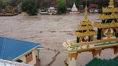 A view of a flooded area near Mann Shwe Sat Taw pagoda in Magwe Division, central Myanmar on May 15. According to AFP, the military junta said in a statement that during the cyclone at least five people were killed in Myanmar, and some residents were injured damaging more than 860 houses and 14 hospitals or clinics. (Military True News Information Team via AP) A view of a flooded area near Mann Shwe Sat Taw pagoda in Magwe Division, central Myanmar on May 15. According to AFP, the military junta said in a statement that during the cyclone at least five people were killed in Myanmar, and some residents were injured damaging more than 860 houses and 14 hospitals or clinics. (Military True News Information Team via AP)