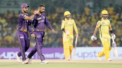 Kolkata Knight Riders' Varun Chakaravarthy celebrates a wicket of Chennai Super Kings in a match (KolkataKnightRiders Twitter)