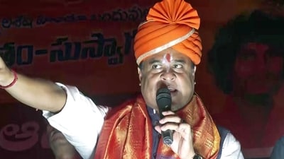 Assam chief minister and BJP leader Himanta Biswa Sarma addresses the Hindu Ekta Yatra in Karimnagar on Sunday. (ANI)