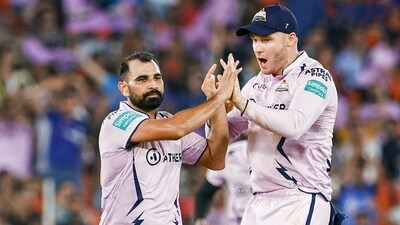Mohammad Shami celebrates after picking a wicket in IPL match against Sunrisers Hyderabad (Gujarat Titans Twitter) Mohammad Shami celebrates after picking a wicket in IPL match against Sunrisers Hyderabad (Gujarat Titans Twitter)