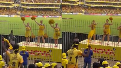 CSK cheerleaders dancing with a man from audience. (Instagram/@mr_idiot_kizhore) CSK cheerleaders dancing with a man from audience. (Instagram/@mr_idiot_kizhore)