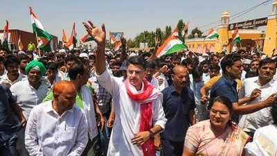 Congress leader Sachin Pilot with supporters during his ‘Jan Sangharsh Yatra’, in Jaipur. (PTI photo)