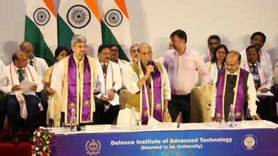 Defence minister Rajnath Singh (C) with other dignitaries at the 12th convocation ceremony of the Defence Institute of Advanced Technology (DIAT) in Pune on Monday. (HT PHOTO) Defence minister Rajnath Singh (C) with other dignitaries at the 12th convocation ceremony of the Defence Institute of Advanced Technology (DIAT) in Pune on Monday. (HT PHOTO)