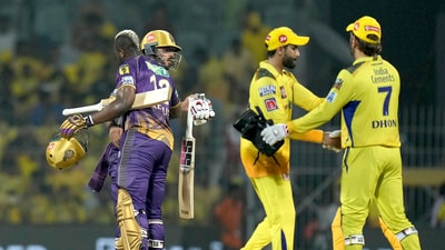 Kolkata Knight Riders batters Nitish Rana and Andre Russell greet each other after winning their IPL 2023 cricket match against Chennai Super Kings (PTI)