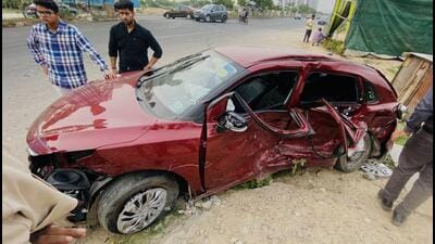 The Maruti Baleno after it was hit by a speeding Kia Seltos near the Dwarka Expressway on Sunday, killing two women. (Parveen Kumar/ HT) The Maruti Baleno after it was hit by a speeding Kia Seltos near the Dwarka Expressway on Sunday, killing two women. (Parveen Kumar/ HT)