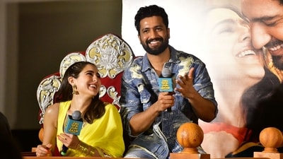 Sara Ali Khan and Vicky Kaushal at the trailer of Zara Hatke Zara Bachke in Mumbai. Sara Ali Khan and Vicky Kaushal at the trailer of Zara Hatke Zara Bachke in Mumbai.