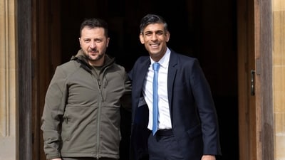 Zelenskyy (left) was in Britain Monday on his whirlwind European tour, as the staunch ally of Kyiv promised to give Ukraine hundreds more missiles and attack drones in an effort to change the course of the war. Zelenskyy landed by helicopter at Chequers, the British leader's official country retreat, and was greeted by Prime Minister Rishi Sunak. It’s Zelenskyy’s second trip to the UK since Russia invaded Ukraine in February 2022. (AP) Zelenskyy (left) was in Britain Monday on his whirlwind European tour, as the staunch ally of Kyiv promised to give Ukraine hundreds more missiles and attack drones in an effort to change the course of the war. Zelenskyy landed by helicopter at Chequers, the British leader's official country retreat, and was greeted by Prime Minister Rishi Sunak. It’s Zelenskyy’s second trip to the UK since Russia invaded Ukraine in February 2022. (AP)