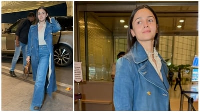 Alia Bhatt in denim-on-denim look at airport. (Varinder Chawla) Alia Bhatt in denim-on-denim look at airport. (Varinder Chawla)