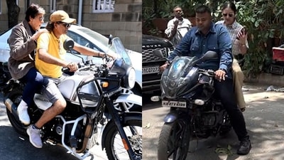Amitabh Bachchan and Anushka Sharma were seen riding bikes without helmets. Amitabh Bachchan and Anushka Sharma were seen riding bikes without helmets.