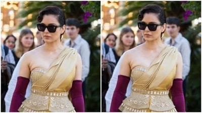 Kangana Ranaut chose Cannes red carpet to slay a fusion look in a Kanjivaram Saree. Looking stunning, she added violet hand gloves to add more sass to her ethnic look. (Pinterest) Kangana Ranaut chose Cannes red carpet to slay a fusion look in a Kanjivaram Saree. Looking stunning, she added violet hand gloves to add more sass to her ethnic look. (Pinterest)
