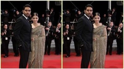 Aishwarya Rai’s saree diaries are our favourite. Here's a picture of the actor walking the red carpet with husband Abhishek Bachchan in a silver sequined saree. (Pinterest) Aishwarya Rai’s saree diaries are our favourite. Here's a picture of the actor walking the red carpet with husband Abhishek Bachchan in a silver sequined saree. (Pinterest)