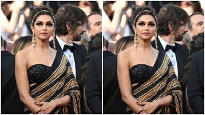 We saved the best for the last. Here’s a stunning Deepika Padukone acing it in a black and golden sequined saree, teamed with a matching black off-shoulder sequined blouse. (Pinterest) We saved the best for the last. Here’s a stunning Deepika Padukone acing it in a black and golden sequined saree, teamed with a matching black off-shoulder sequined blouse. (Pinterest)