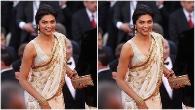 Deepika Padukone made her debut at the Cannes red carpet back in 2010 looking ethnic and ravishing in a white saree with golden zari details. (Pinterest) Deepika Padukone made her debut at the Cannes red carpet back in 2010 looking ethnic and ravishing in a white saree with golden zari details. (Pinterest)