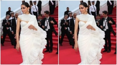 Deepika made a strong case in a sheer white frilled saree and an off-shoulder blouse, accessorised with a dramatic statement white necklace. (Pinterest) Deepika made a strong case in a sheer white frilled saree and an off-shoulder blouse, accessorised with a dramatic statement white necklace. (Pinterest)