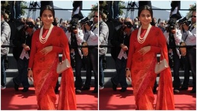 Vidya Balan’s look in a red saree, teamed with a red blouse and multiple pearl neck chains is a dream. (Pinterest) Vidya Balan’s look in a red saree, teamed with a red blouse and multiple pearl neck chains is a dream. (Pinterest)
