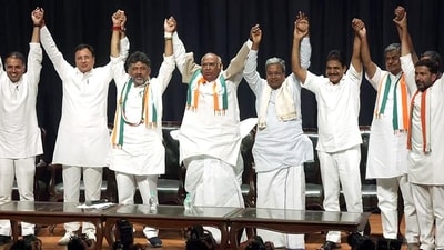 Congress leaders celebrate their win in the Karnataka assembly elections, in Bengaluru on Saturday. (ANI)