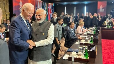 PM Modi, Biden interact during the G20 Summit in Bali. (Twitter/PMO)