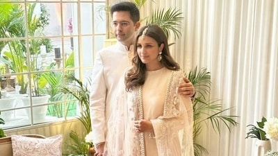 Raghav Chadha and Parineeti Chopra from their engagement day. Raghav Chadha and Parineeti Chopra from their engagement day.