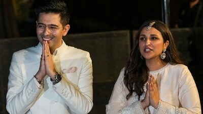 Raghav Chadha and Parineeti Chopra after their engagement ceremony, in New Delhi, Saturday. (PTI) Raghav Chadha and Parineeti Chopra after their engagement ceremony, in New Delhi, Saturday. (PTI)