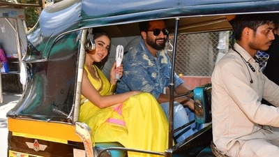 Sara Ali Khan picked Vicky Kaushal from his residence and the two boarded an auto to reach the venue of Zara Hatke Zara Bachke trailer launch. The film is directed by Laxman Utekar. (Varinder Chawla) Sara Ali Khan picked Vicky Kaushal from his residence and the two boarded an auto to reach the venue of Zara Hatke Zara Bachke trailer launch. The film is directed by Laxman Utekar. (Varinder Chawla)