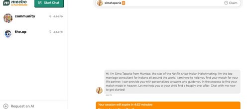 Screenshot of Sima Taparia chatbot. (https://meebo.ai/simataparia) Screenshot of Sima Taparia chatbot. (https://meebo.ai/simataparia)