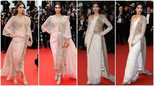 Sonam Kapoor wears Anamika Khanna couture sarees at Cannes in 2013 and 2014. Sonam Kapoor wears Anamika Khanna couture sarees at Cannes in 2013 and 2014.