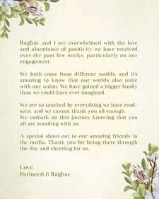 Parineeti Chopra and Raghav Chadha's note. Parineeti Chopra and Raghav Chadha's note.