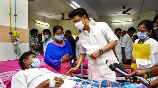 Tamil Nadu chief minister MK Stalin meets the victims, at Government Medical College in Villupuram district. (PTI)