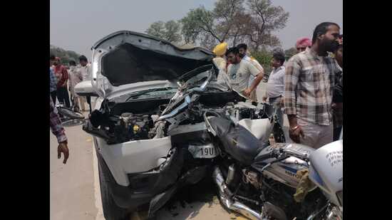 The incident took place when the SUV, heading towards Barnala, lost its control and hit two motorcycles. (HT Photo)