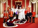 Britain's King Charles III wearing the Imperial State Crown and Britain's Queen Camilla posing in the Throne Room at Buckingham Palace in London with their Pages of Honour and Ladies in Attendance. Britain's King Charles III wearing the Imperial State Crown and Britain's Queen Camilla posing in the Throne Room at Buckingham Palace in London with their Pages of Honour and Ladies in Attendance.