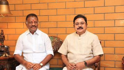 On May 8, O Panneerselvam met TTV Dhinakaran at his residence in Chennai, held a joint press conference, joined hands and announced their decision to work together. (HT Photo) On May 8, O Panneerselvam met TTV Dhinakaran at his residence in Chennai, held a joint press conference, joined hands and announced their decision to work together. (HT Photo)