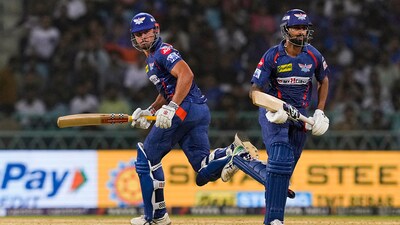 Lucknow Super Giants batters Marcus Stoinis and Krunal Pandya run between the wickets (PTI) Lucknow Super Giants batters Marcus Stoinis and Krunal Pandya run between the wickets (PTI)