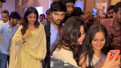 Rashmika Mandana was mobbed by fans at a song launch event in Hyderabad. Rashmika Mandana was mobbed by fans at a song launch event in Hyderabad.
