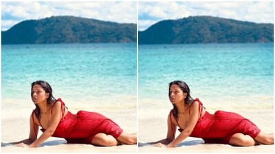 Shehnaaz looked stunning as ever in the slip red dress featuring a sweetheart neckline and tie details at the shoulders. (Instagram/@shehnaazgill) Shehnaaz looked stunning as ever in the slip red dress featuring a sweetheart neckline and tie details at the shoulders. (Instagram/@shehnaazgill)