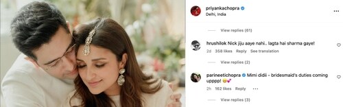 Parineeti Chopra has commented on Priyanka Chopra's post. Parineeti Chopra has commented on Priyanka Chopra's post.