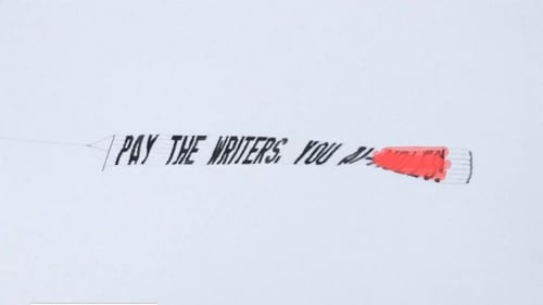 A banner message carried by an air plane over Hollywood reading, 'PAY THE WRITERS YOU AI-H***S' in support of WGA strike. (FOX) A banner message carried by an air plane over Hollywood reading, 'PAY THE WRITERS YOU AI-H***S' in support of WGA strike. (FOX)