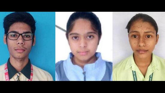 (Left to right) Among the trio at the summit are Himesh, a student of New Sunrise Senior Secondary School, Bhuna, Fatehabad; Varsha from Sonepat’s Sant Baba Ghoghar Public School and Sonu from NJM High school in Bhiwani’s Bushan. (HT)