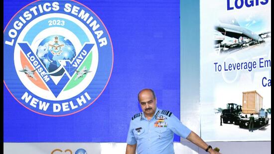 Indian Air Force chief Air Chief Marshal VR Chaudhari arrives to attend the Annual Logistics Management Seminar at the Air Force Auditorium in New Delhi on Tuesday. (ANI)
